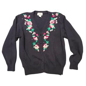 Grannycore Navy Blue Floral Embroidered Cardigan Sweater Small Gardencore Knit